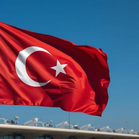 Realsitic real picture of the Turkish flag and Antalya Aiport behind it